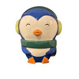Ceramic Penguin Bird Blue Cookie Jar Wearing Head Set